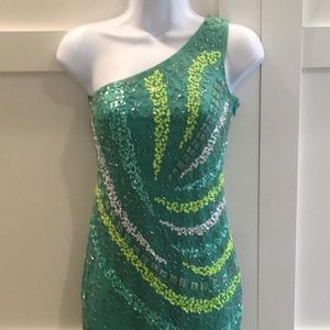 Teal One shoulder dress with beading